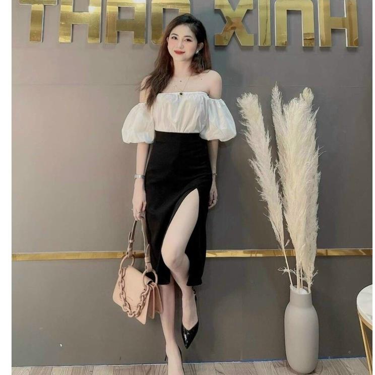 Áo trễ vai tay bồng tiểu thư màu trắng phối chân váy đen dáng dài xẻ tà -Venus house