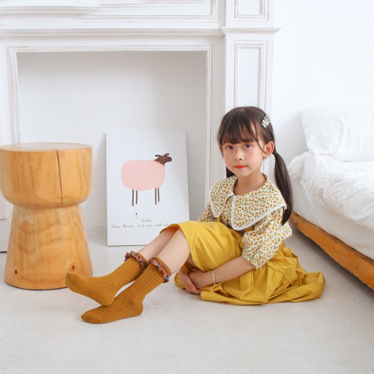 Vớ Cotton Ống Dài Hai Lớp Thêu Ren Hoa Màu Trơn Họa Tiết Hoạt Hình Tai Gỗ Dành Cho Bé Gái