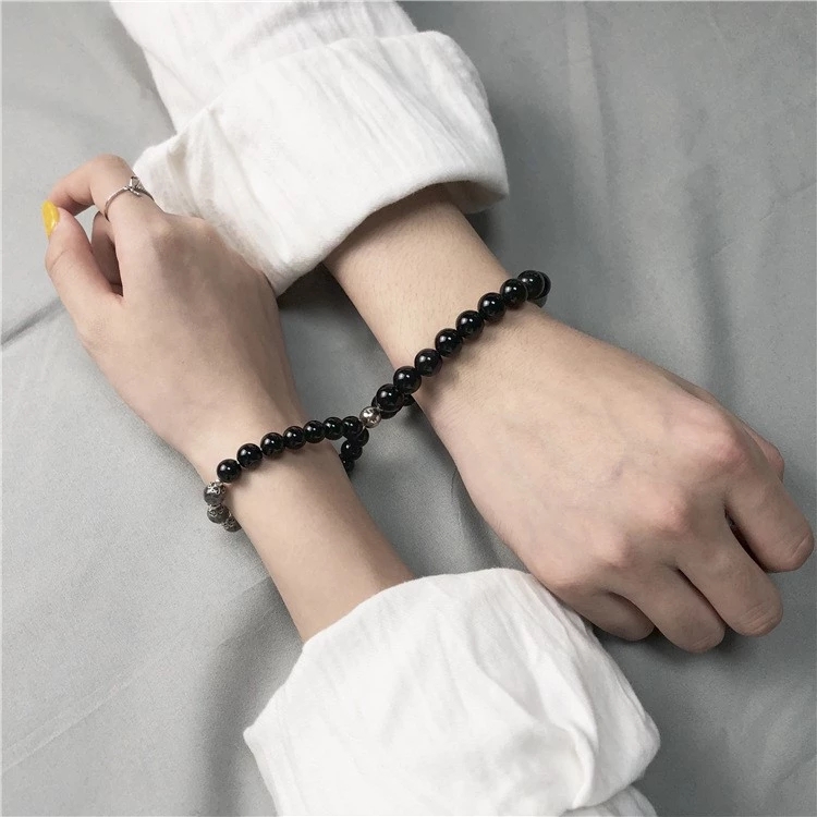Cặp vòng tay dây đá obsidian nhân tạo điều chỉnh được mặt từ tính dành cho cặp đôi