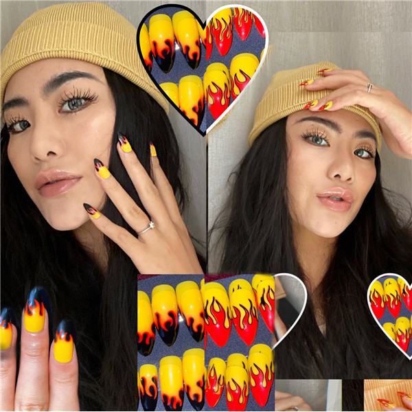 Set 24 móng tay giả họa tiết ngọn lửa cá tính chống thấm nước dễ tháo