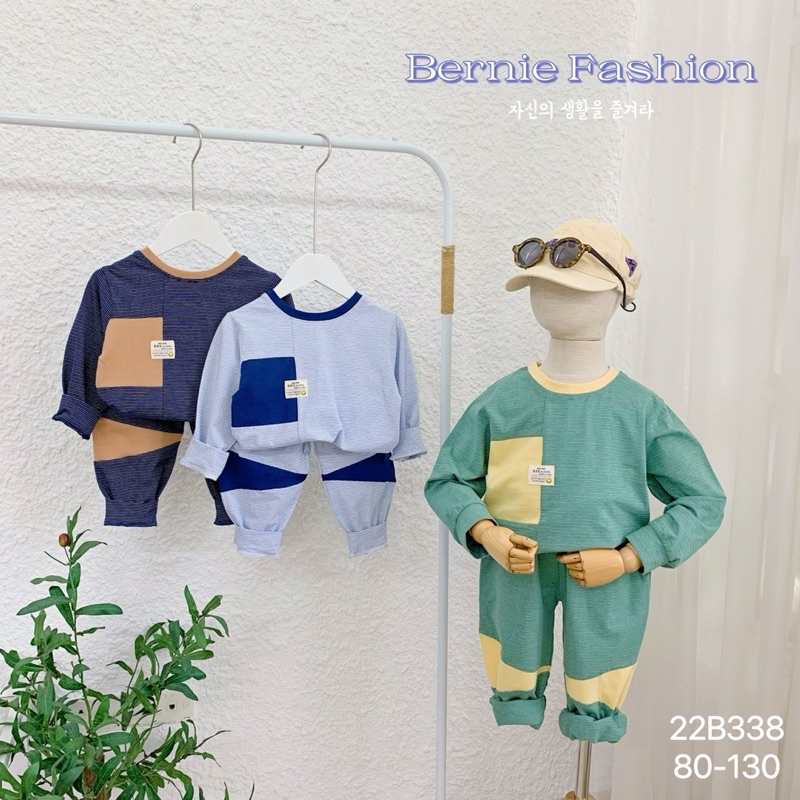 Bộ kẻ cotton dài tay Bernie phối màu cực đẹp cho bé trai mặc thu đông