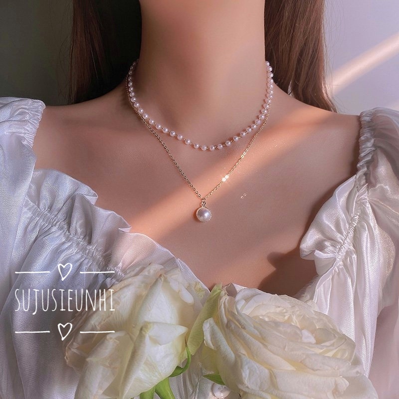 Set vòng cổ choker 2 dây liền ngọc nhỏ sang chảnh