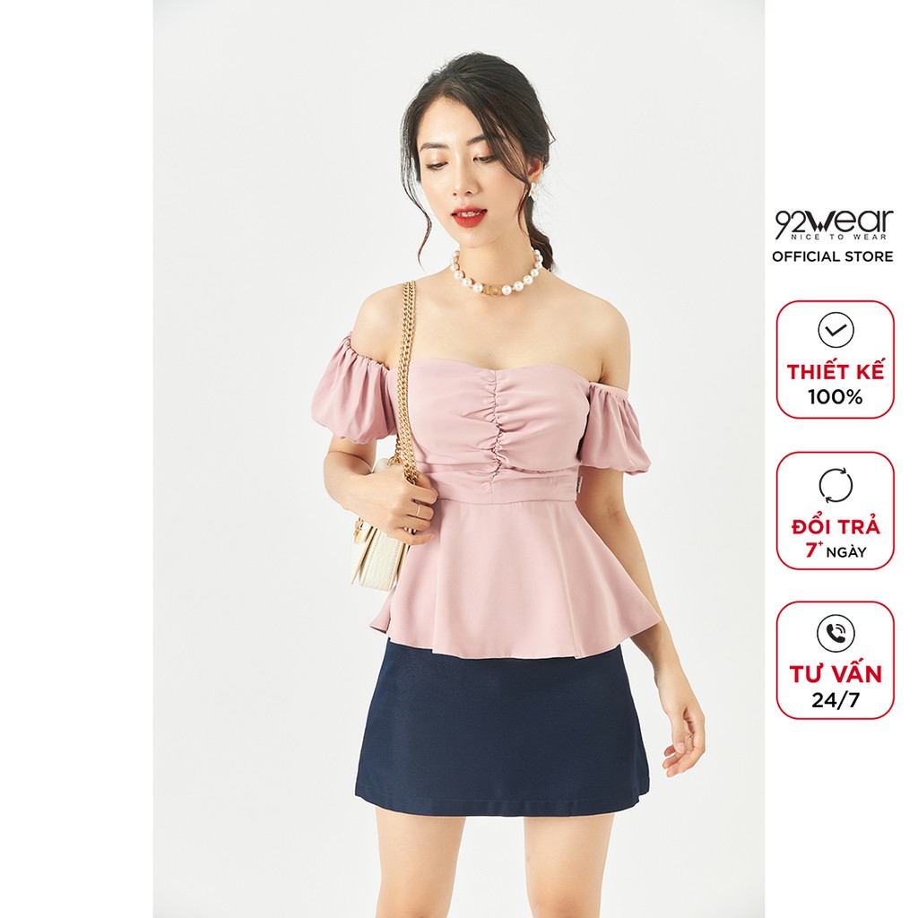Áo sơ mi nữ 92WEAR kiểu ngắn tay trễ vai màu trắng hồng gợi cảm sexy tay bồng hàn quốc trơn đẹp ASW0543 - 92Wear