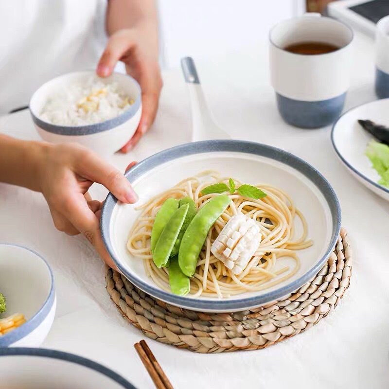 Bộ bát đĩa trắng xanh ghi men bông tuyết - phong cách Hàn Quốc