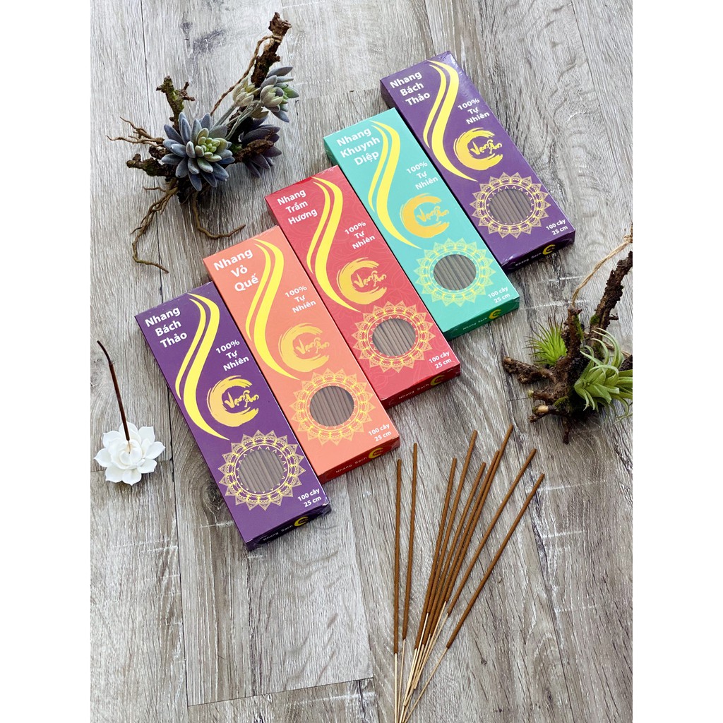 Nhang Sạch Tự Nhiên Organic Không Độc Hại Vạn Ân - 4 Vị Quế Trầm Khuynh Diệp Bách Thảo Hộp 100 - 160 Cây