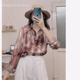 Áo sơ mi lụa xanh loang- hồng loang