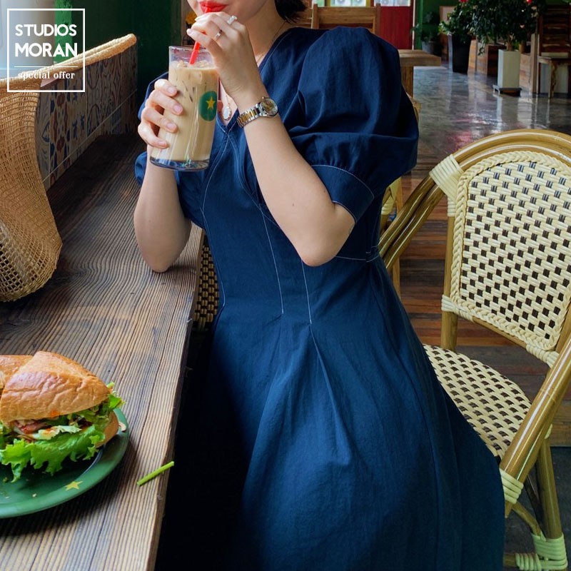 Váy MORAN cổ V tay phồng dập viền thon eo xòe dài vintage kiểu Pháp sang trọng thanh lịch