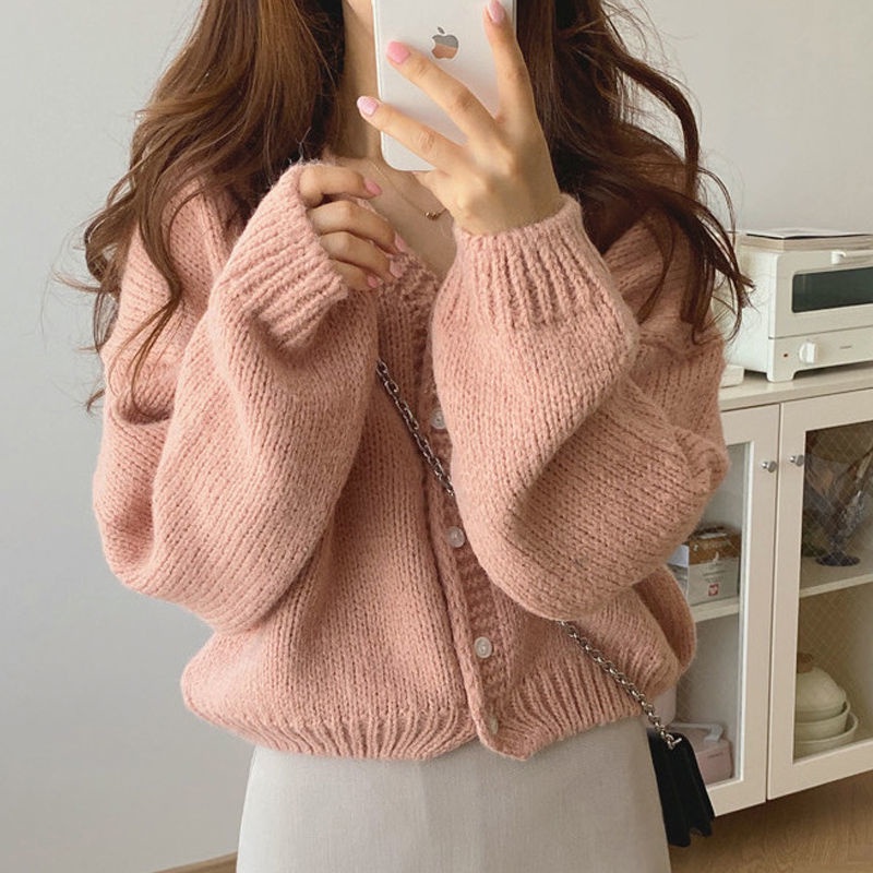 Áo Khoác Cardigan Dệt Kim Tay Dài Cổ Chữ v Màu Sắc Đơn Giản Cho Nữ