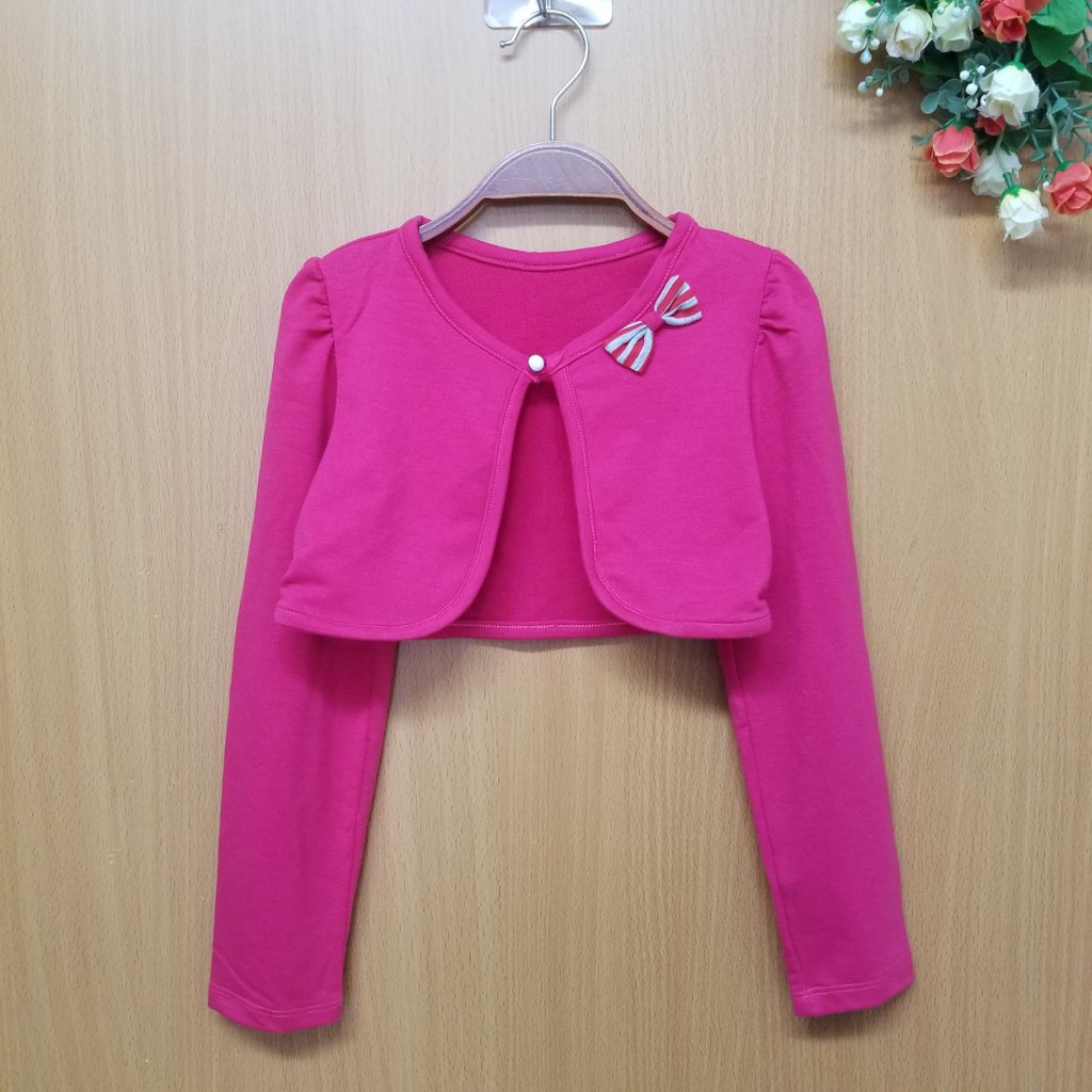 DG39-AK-01-Áo khoác crop top , màu hồng,màu xanh đen họa tiết, tay dài, bé gái,đính nơ trên ngực, made in Việt Nam