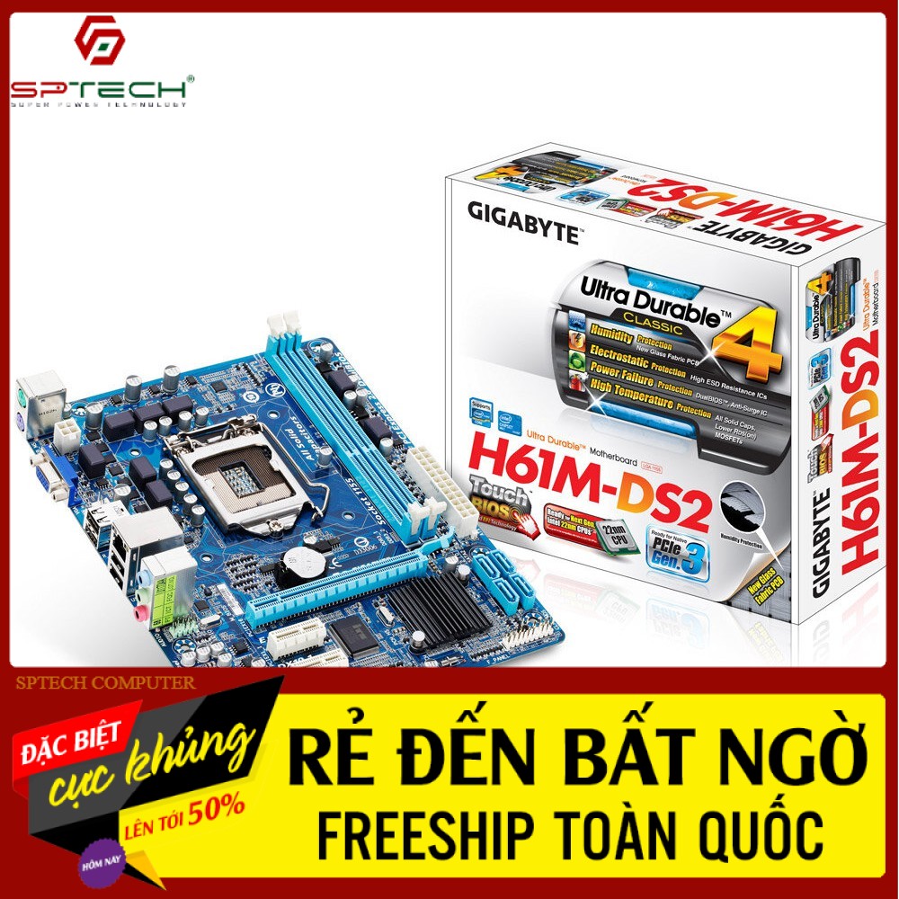Mainboard Gigabyte 💎𝓕𝓡𝓔𝓔𝓢𝓗𝓘𝓟💎 Bo Mạch Gigabyte H61 - DS2 chính hãng Renew Box ( BH 36 tháng ) SPTECH COMPUTER