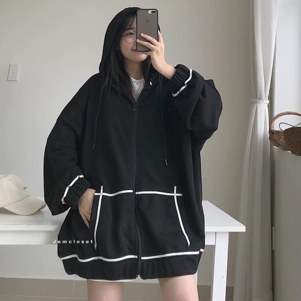 Áo Khoác Hoodie Chạy Viền Tay Bồng Áo Jacket Nỉ Unisex Form Rộng Khóa Kéo Kèm Mũ 3 Màu