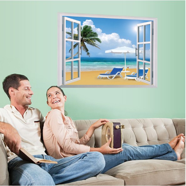 Decal trang trí khung cửa sổ 3D Ghế tắm đôi ở bãi biển