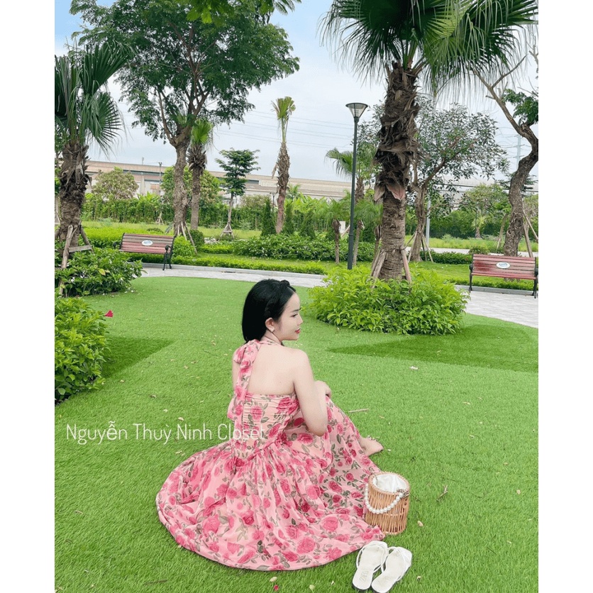 Đầm Nữ Cổ Yếm Cột Dây in Hoa 2 Màu Chất Lụa 2 Lớp Có Mút Mặc Đẹp Dáng Xinh NEW UNISEX