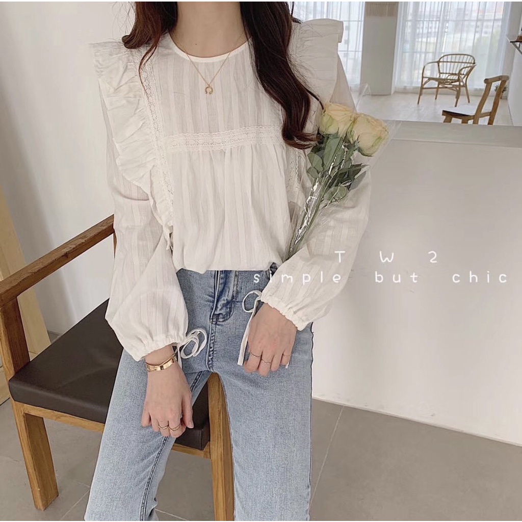 Áo sơ mi babydoll ren bèo vai thắt nơ tay - Áo sơ mi babydoll ren ngực siêu xinh