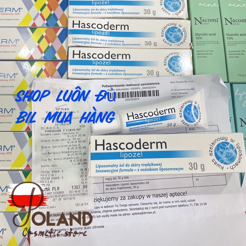 Gel chấm mụn Hascoderm với azelaic acid tương tự Skinoren giúp giảm mụn, giảm thâm & hiệu quả với mụn đầu đen tuýp 30g