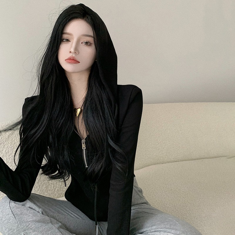 Áo thun tay dài có mũ trùm đầu / khóa kéo màu trơn thiết kế vạt không đều phong cách Hàn Quốc thường ngày dành cho nữ