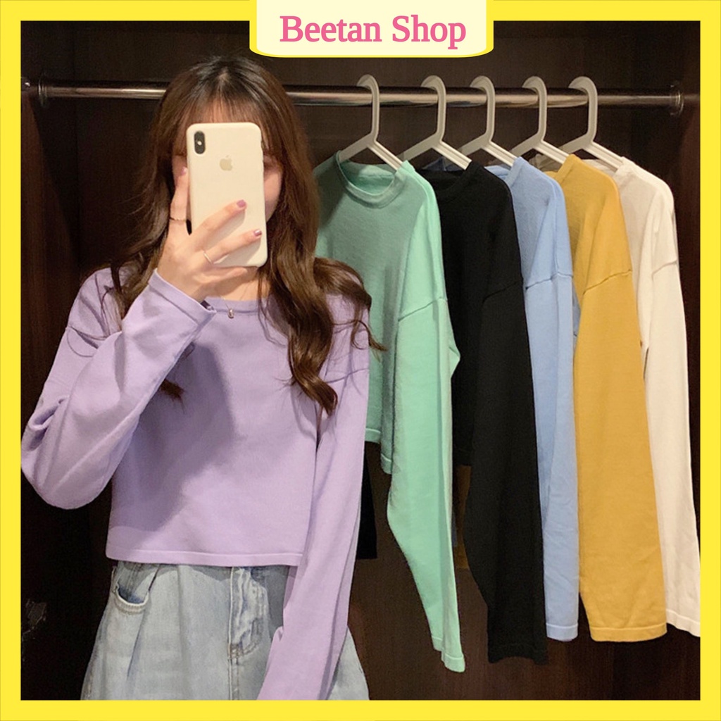 Áo crotop nữ dài tay form rộng trơn basic dưới 60kg