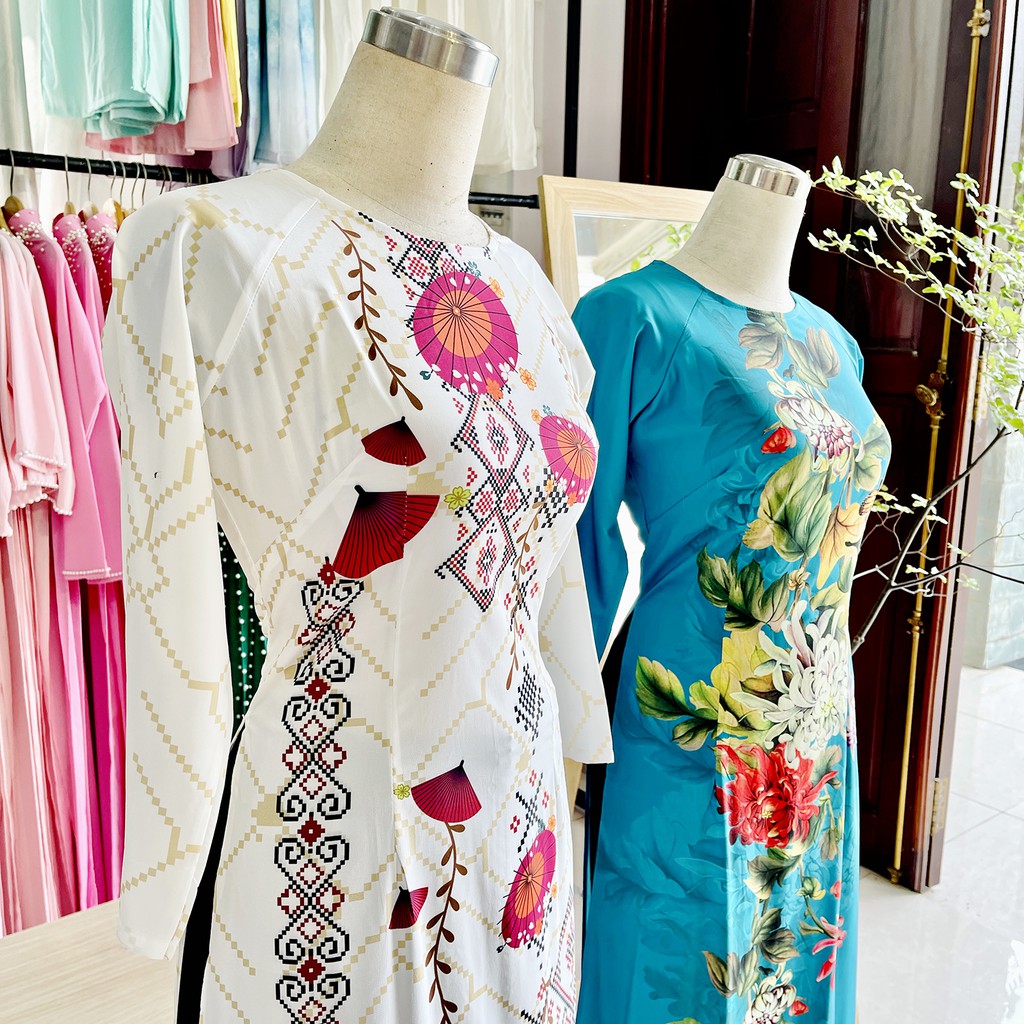 Áo dài in hoa 6D sang trọng - có size lớn Áo dài mẹ bà sui