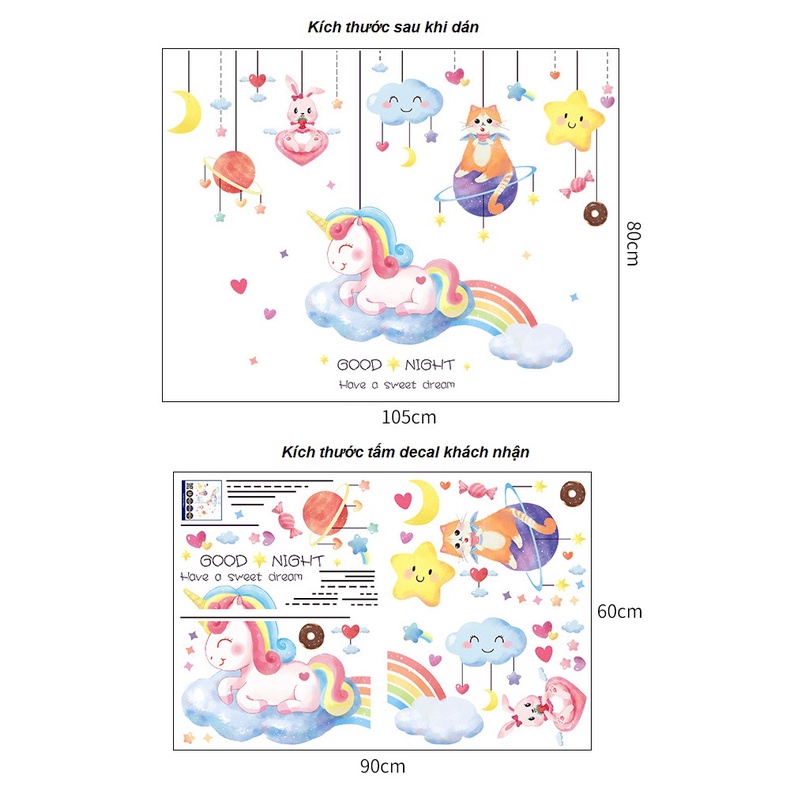 Decal dán tường trang trí phòng bé gái Mẫu kỳ lân số 4 GOOD NIGHT - AmyShop