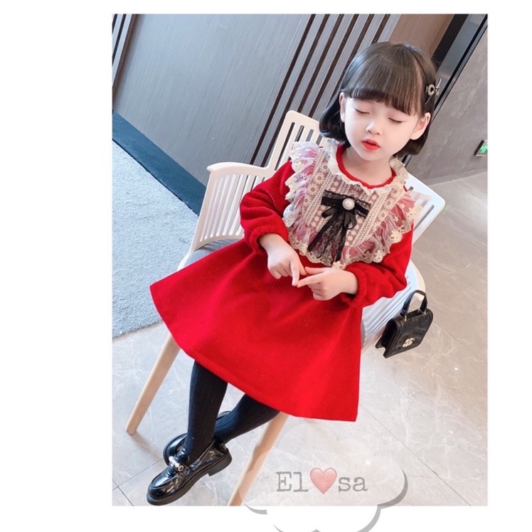 Váy bé gái - Váy tăm nhung dài tay phối cổ ren kèm nơ ngực siêu xinh cho bé 1-5 Tuổi