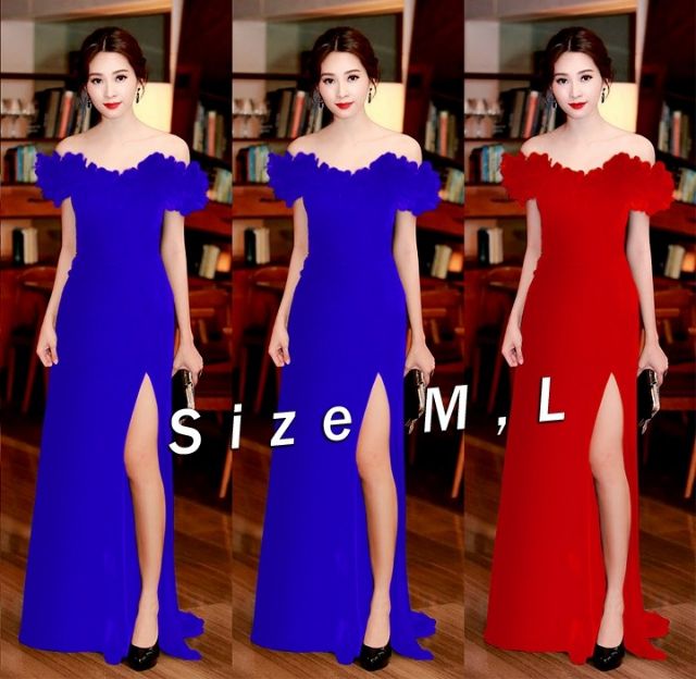 Đầm maxi xẻ đùi trể vai giống HH Thu Thảo - d1236