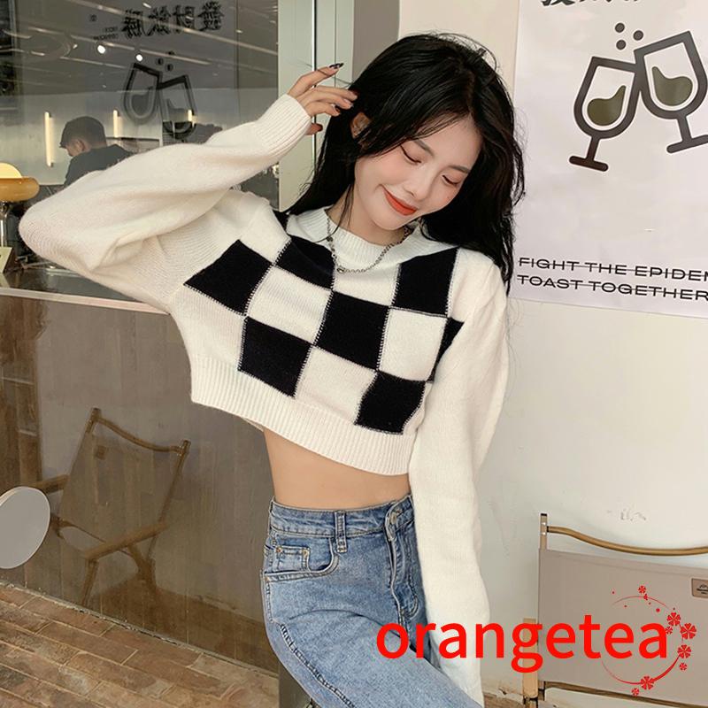 Áo Croptop Tay Dài Cổ Tròn Họa Tiết Kẻ Sọc Màu Sắc Thời Trang Cho Nữ