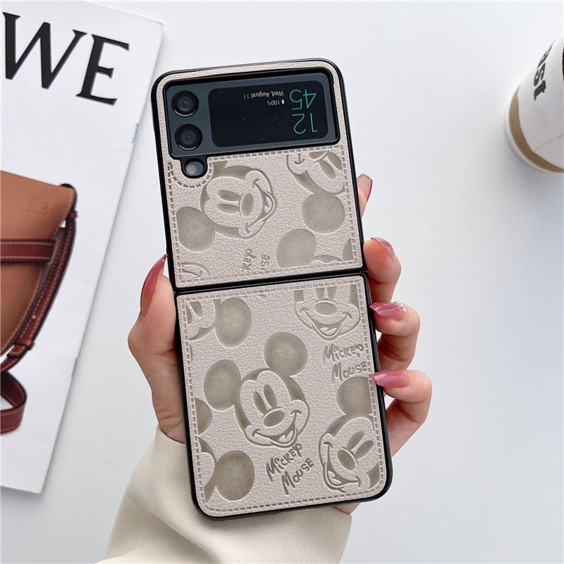 Ốp Điện Thoại Da PU Họa Tiết Hoạt Hình Minnie Mickey Chống Sốc Cho Samsung Galaxy Z Flip 1 2 3 4 5G Z Flip3 Flip4