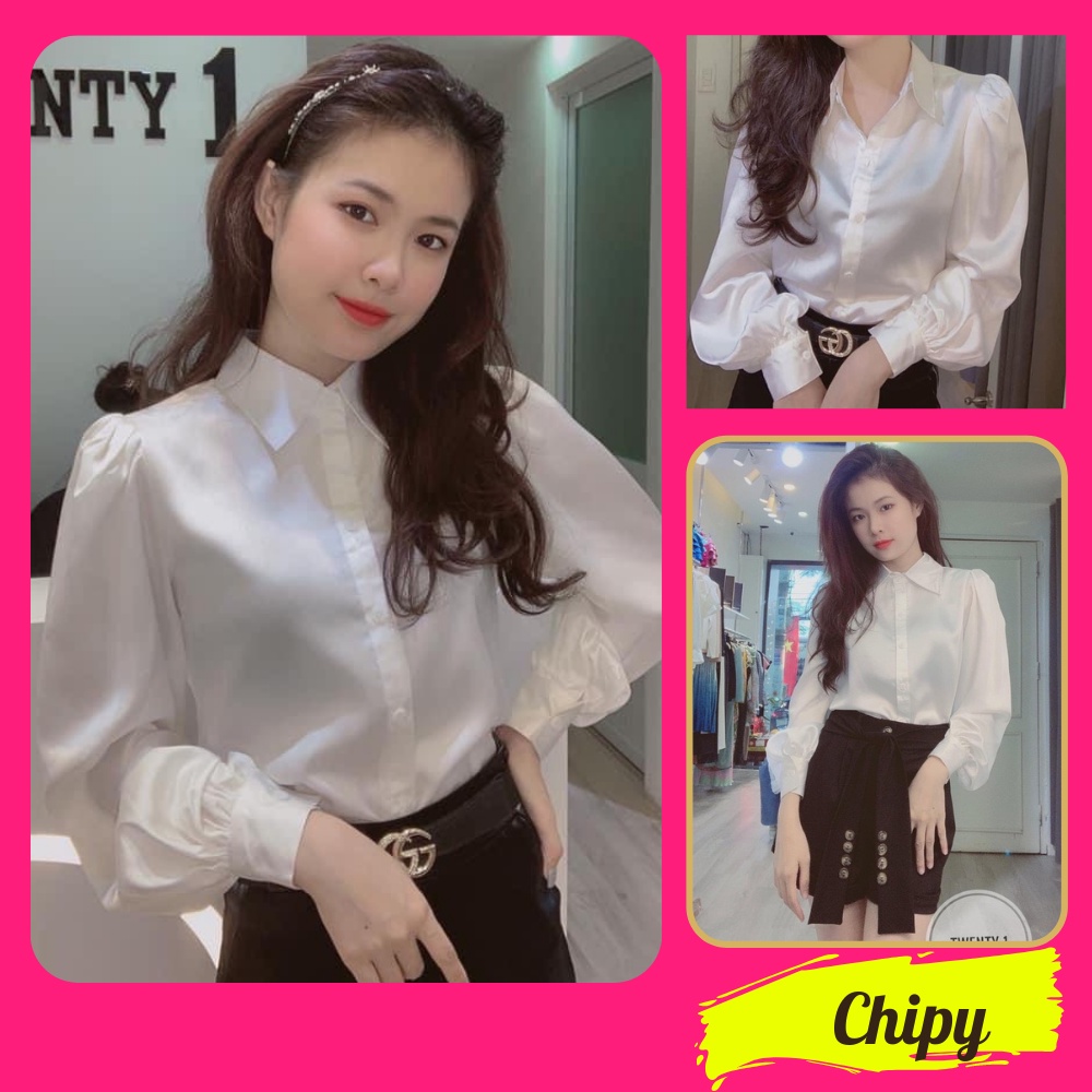 Áo sơ Mi Lụa Phom Suông Dài Tay CHIPY Cổ Đức Công Sở Chất Lụa Ngọc Trai Mềm Mịn Không Nhăn Nhàu Mặc Đi Làm Màu Trắng