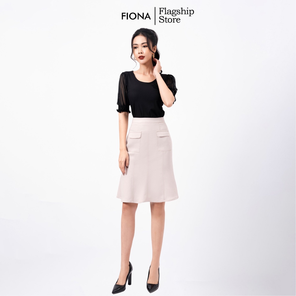 Chân váy thiết kế đuôi cá FIONA, chân váy công sở thêu diễu chỉ, phối túi màu be F251424