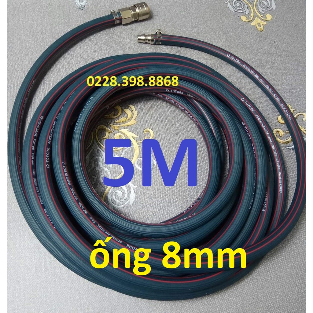 Dây hơi cao su bố vải 5m, made in Korea, lỗ 8mm, kèm bộ đầu nối nhanh cao cấp (SS1983) (SS6704)