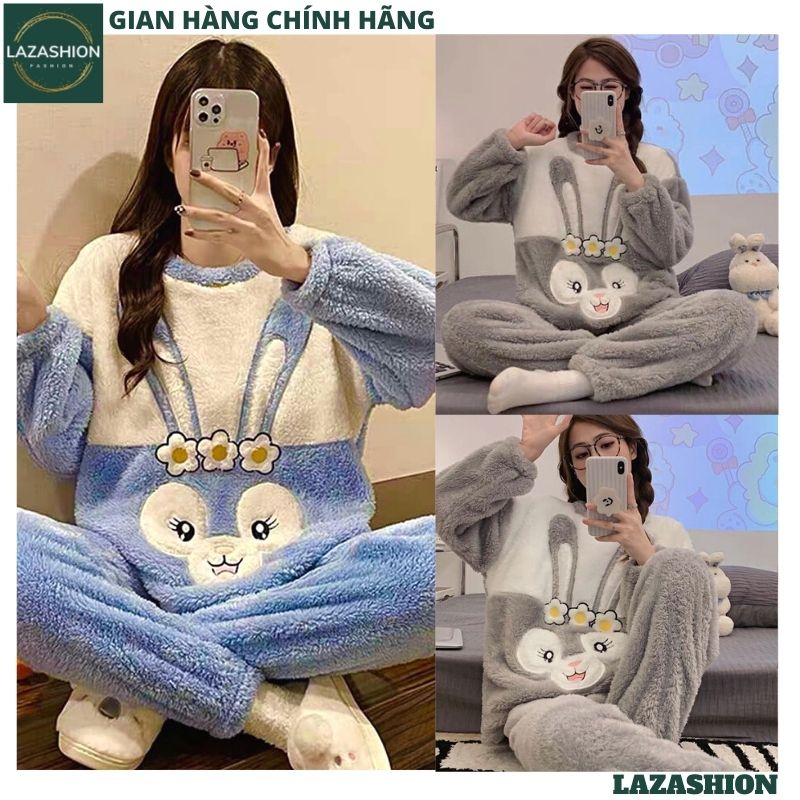 Bộ ngủ lông cừu THỎ HOA XANH XÁM phối màu dễ thương, Sét đồ bộ mặc nhà thu đông chất lông ấm áp form rộng - LAZASHION