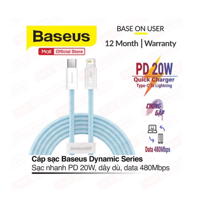 Cáp sạc nhanh  PD20W  Baseus Dynamic Series Type-C dành cho IP10/11/12/13/14promax data 480Mbps, dây bọc dù, dài 1m/2m