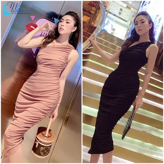 Đầm Ôm Body Dún Lệch Vai Màu Đen Và Màu Da