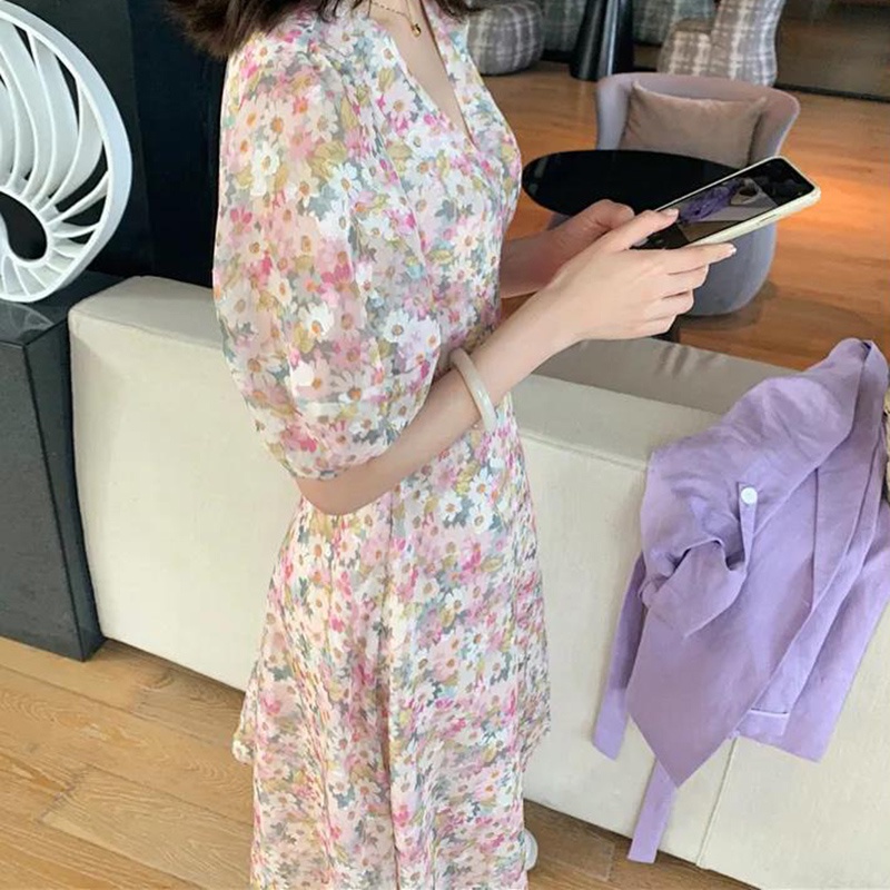 IELGY Đầm chiffon Dài Cổ Chữ V In Họa Tiết Tranh Sơn Dầu Phong Cách Hàn Quốc Thời Trang Mùa Hè Mới Cho Học Sinh