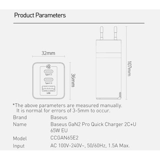 [2type-C +1USB]Cốc sạc nhanh 65W Baseus GaN2 Pro CCGAN65E2