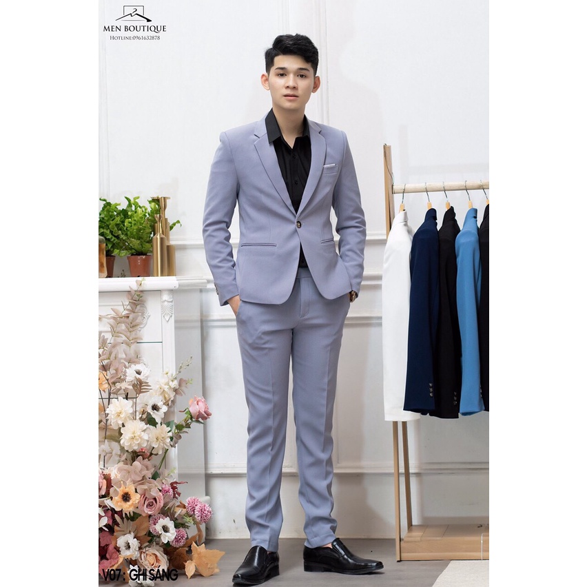 [BIG SALE] Bộ vest nam Ghi sáng 1 áo vest và 1 quần