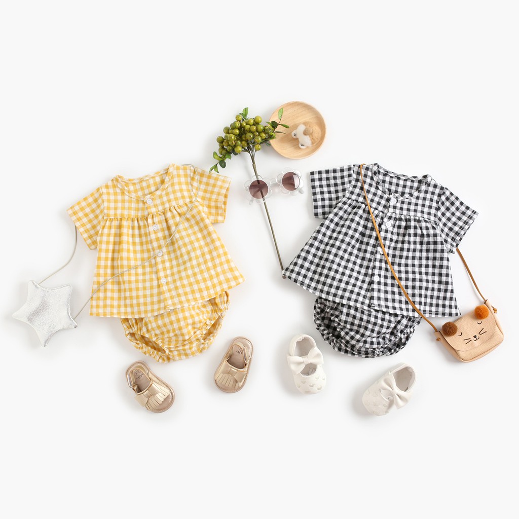 Set áo và quần Sanlutoz bằng cotton họa tiết ca rô phong cách mùa hè cho bé gái