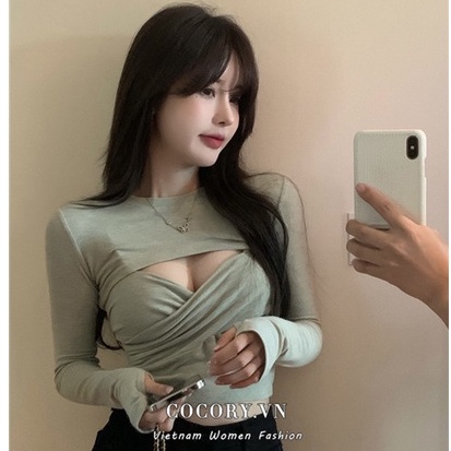 Cocory vn Áo croptop tay dài cổ tròn kiểu dáng đan chéo ngực phong cách gợi cảm cho nữ