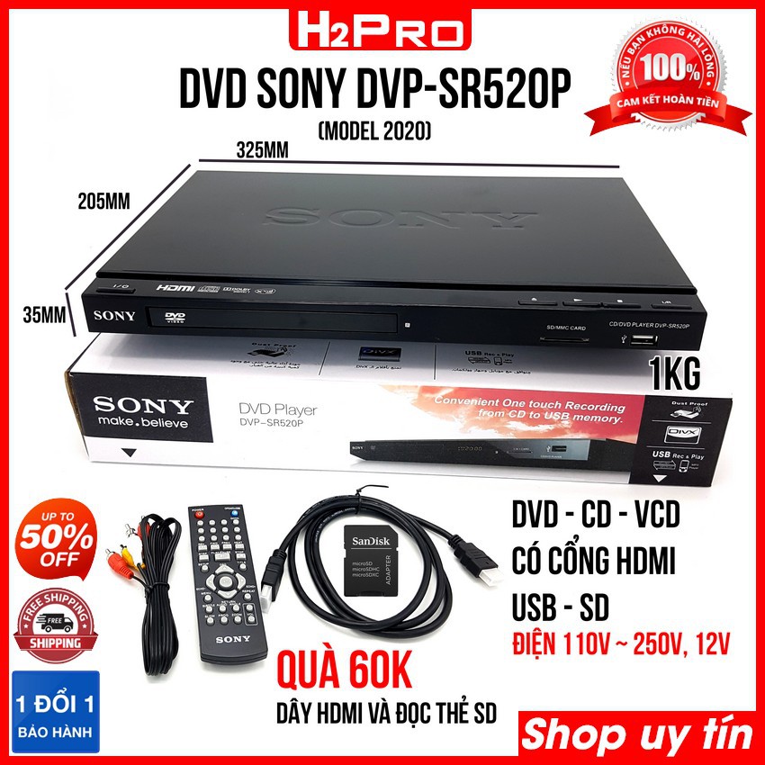 Đầu đĩa DVD Sony DVP-SR520P (2020) USB-thẻ nhớ-HDMI, điện 220V-110V-12V, đầu dvd karaoke sony cao cấp (tặng đọc thẻ SD)