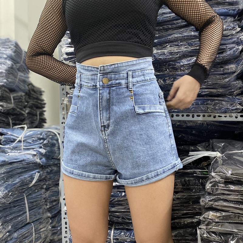 [Size 32~36] Quần Short Jean Xanh Trơn Bigsize - Lưng Cao - Co Giãn Mạnh - Quần Đùi Lưng Phối Thun