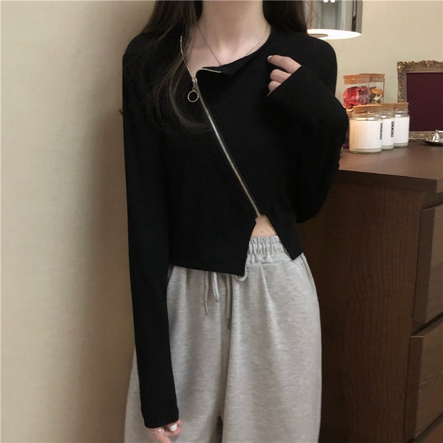 Áo Thun Croptop Kéo Khóa Tay Dài Màu Trơn Co Dãn Phong Cách Hàn Quốc