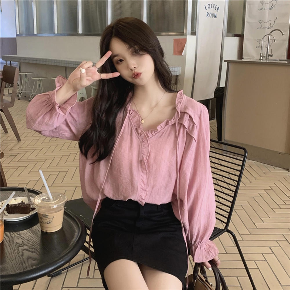 Áo Kiểu Tay Dài Cổ Chữ V Phối Ren Xếp Ly Thời Trang 50147