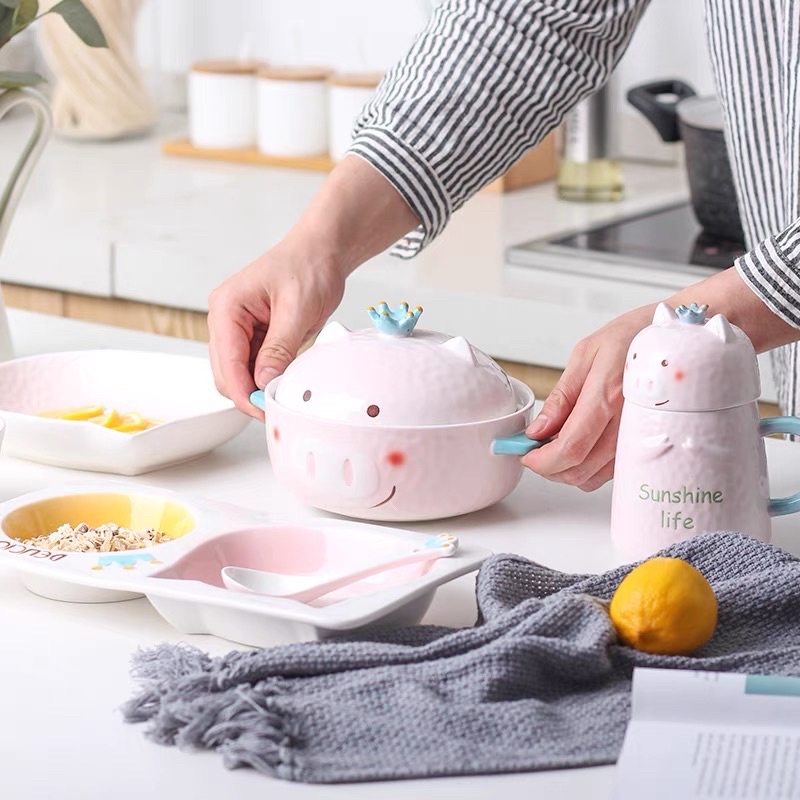 TÔ ĂN MÌ, THỐ SỨ CÓ NẮP ĐẬY HÌNH CHÚ HEO ĐỘI VƯƠNG MIỆN XINH XẮN ĐÁNG YÊU CÓ TAY CẦM