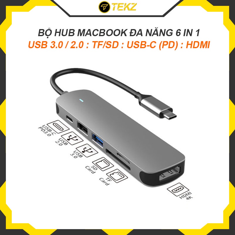 Bộ Hub Chuyển Đổi 6 in 1 Retro Type C Dùng Cho Macbook, iPad, Samsung, Xiaomi, Xuất Hình Ảnh 4K/30Hz, TF/SD Card