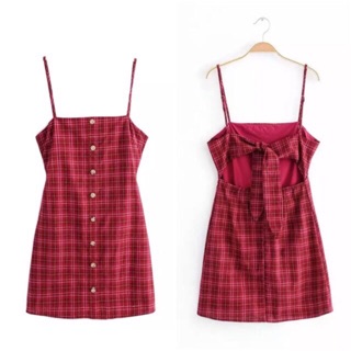 (Sẵn S) Váy hai dây caro kẻ đỏ nút nâu / Đầm hai dây hở lưng