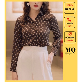 Áo sơ mi họa tiết chữ D nữ nâu, sơ mi lụa cao cấp công sở đẹp thiết kế MQ BOUTIQUE