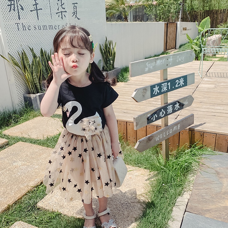 Set Áo Thun Ngắn Tay Hình Thiên Nga Hoạt Hình Và Chân Váy Cotton Phong Cách Phương Tây Cho Bé Gái