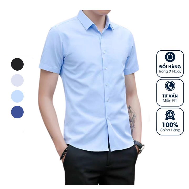 Áo Sơ Mi Nam Ngắn Tay Công Sở OKU, Áo Sơ Mi Nam Cộc Tay Vải Lụa Cao Cấp