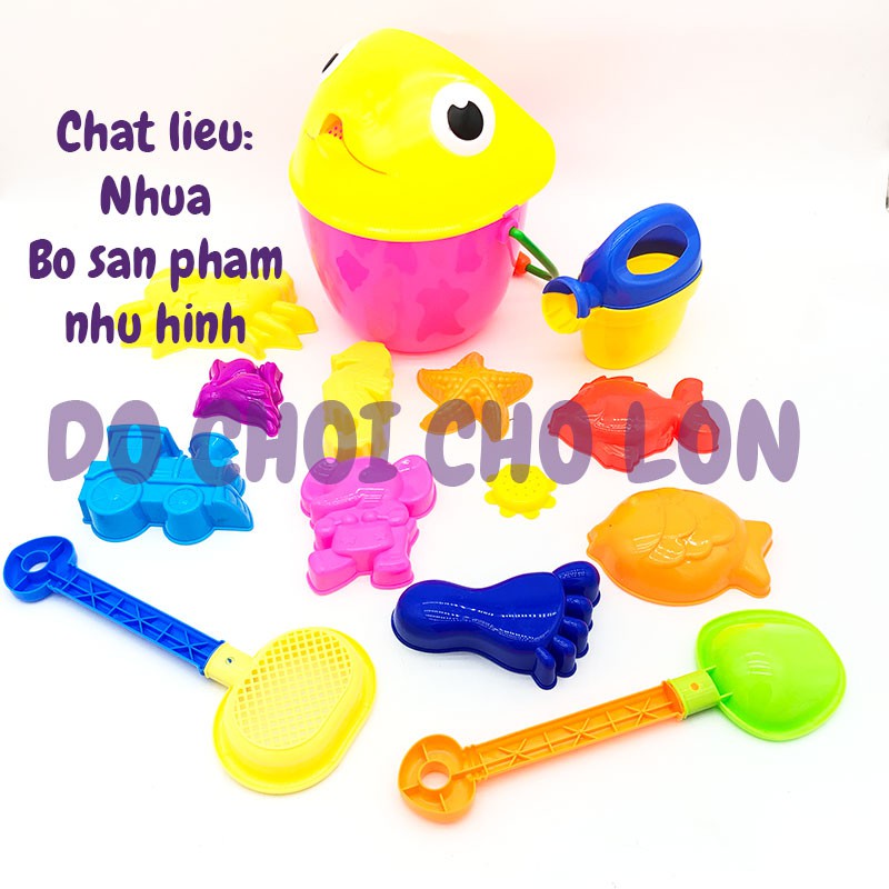 Đồ chơi xô xúc cát đi biển hình con CÁ 13 món bằng nhựa túi lưới xô chim