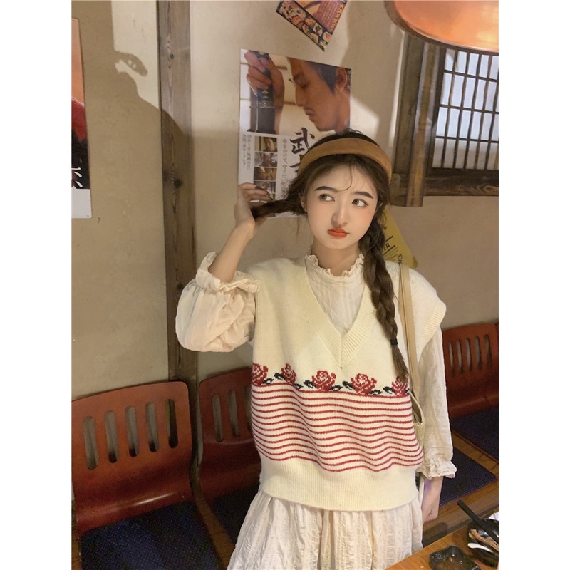 Áo dệt kim cổ chữ V họa tiết kẻ sọc ngọt ngào thời trang Hàn Quốc cho nữ | BigBuy360 - bigbuy360.vn